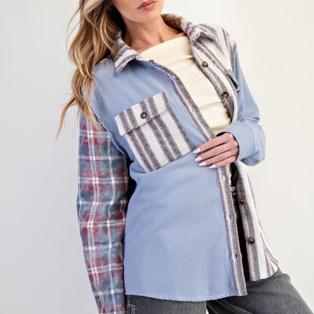 NEW EASEL PLAID AND STRIPED PATTERNS STAR PATCHWORK BUTTON DOWN SHAKET SMALL - Picture 7 of 8
